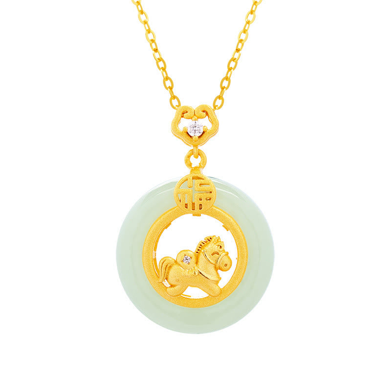 Wear FengShui 925 Sterling Silver Year Of The Horse Hetian Jade Peace Buckle Luck Necklace Pendant