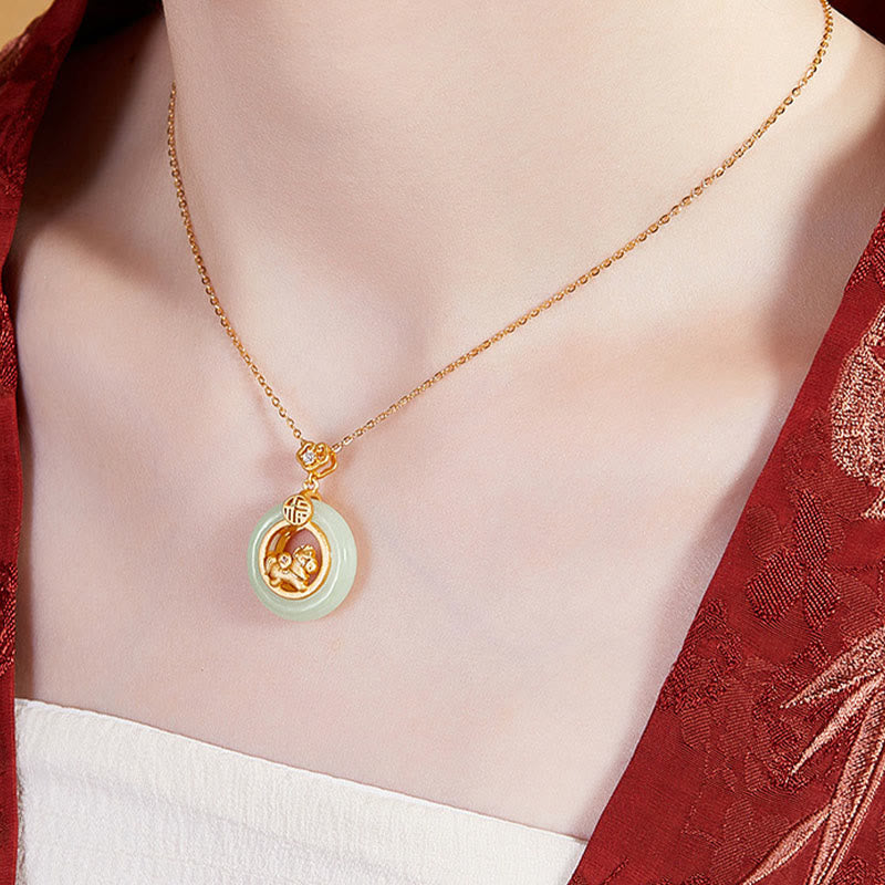 Wear FengShui 925 Sterling Silver Year Of The Horse Hetian Jade Peace Buckle Luck Necklace Pendant