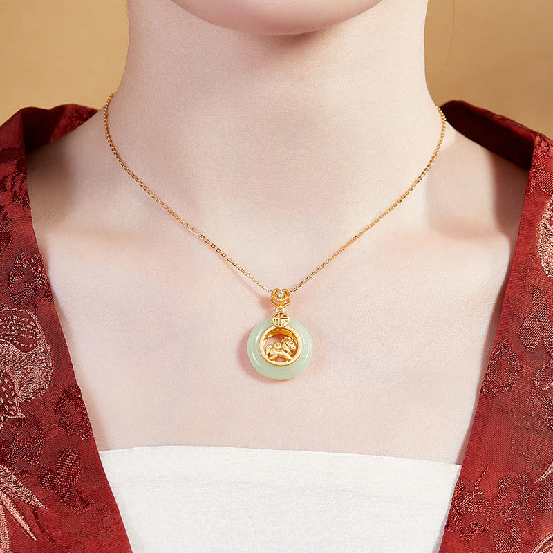 Wear FengShui 925 Sterling Silver Year Of The Horse Hetian Jade Peace Buckle Luck Necklace Pendant