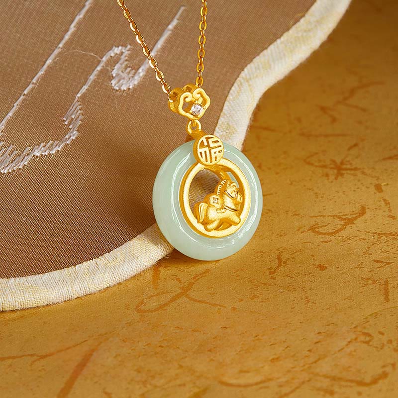 Wear FengShui 925 Sterling Silver Year Of The Horse Hetian Jade Peace Buckle Luck Necklace Pendant