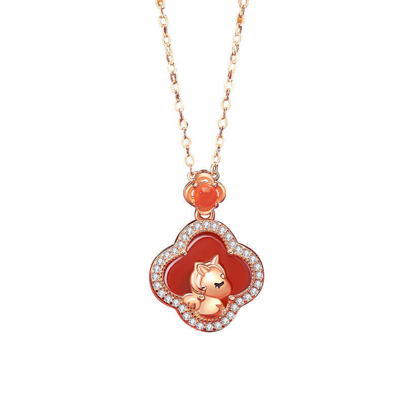 Buddha Stones 925 Sterling Silver Year Of The Horse Four Leaf Clover Red Agate Calm Necklace Pendant