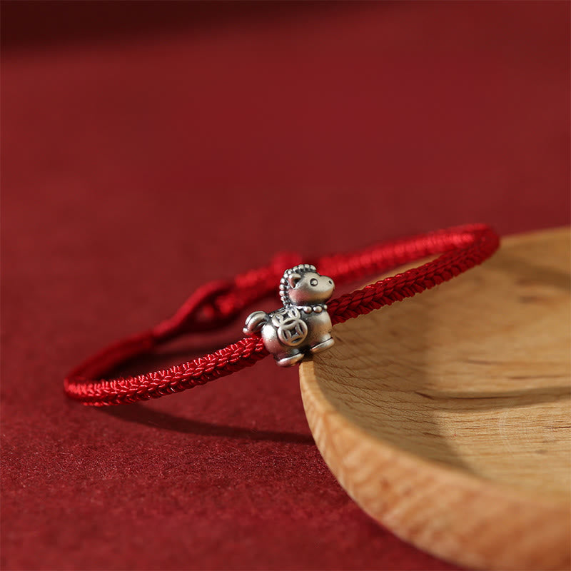 Wear FengShui Year of the Horse 999 Sterling Silver Red String Copper Coins Braided Luck Bracelet
