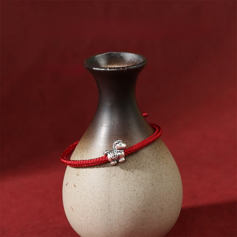 Wear FengShui Year of the Horse 999 Sterling Silver Red String Copper Coins Braided Luck Bracelet