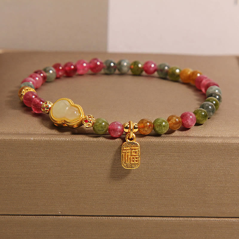 Wear FengShui Tourmaline Colorful Stone Fu Character Positive Bracelet
