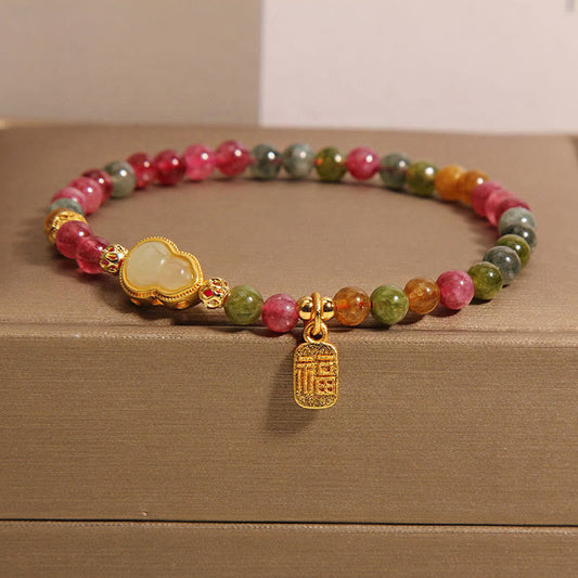 Wear FengShui Tourmaline Colorful Stone Fu Character Positive Bracelet