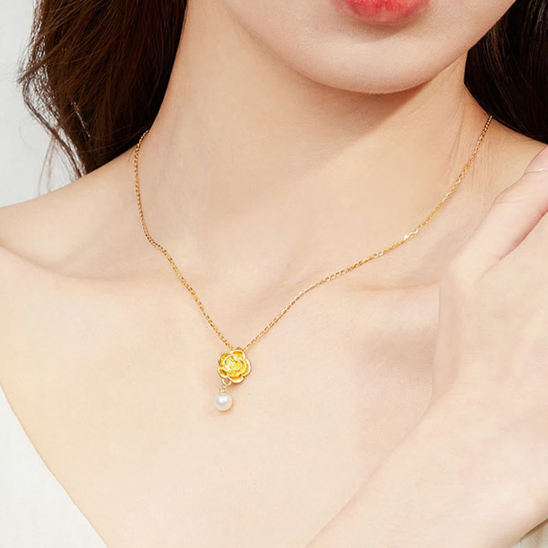 Wear FengShui 999 Sterling Silver Plated Gold Camellia Pearl Healing Necklace Pendant
