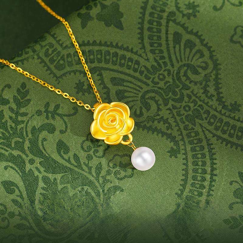 Wear FengShui 999 Sterling Silver Plated Gold Camellia Pearl Healing Necklace Pendant