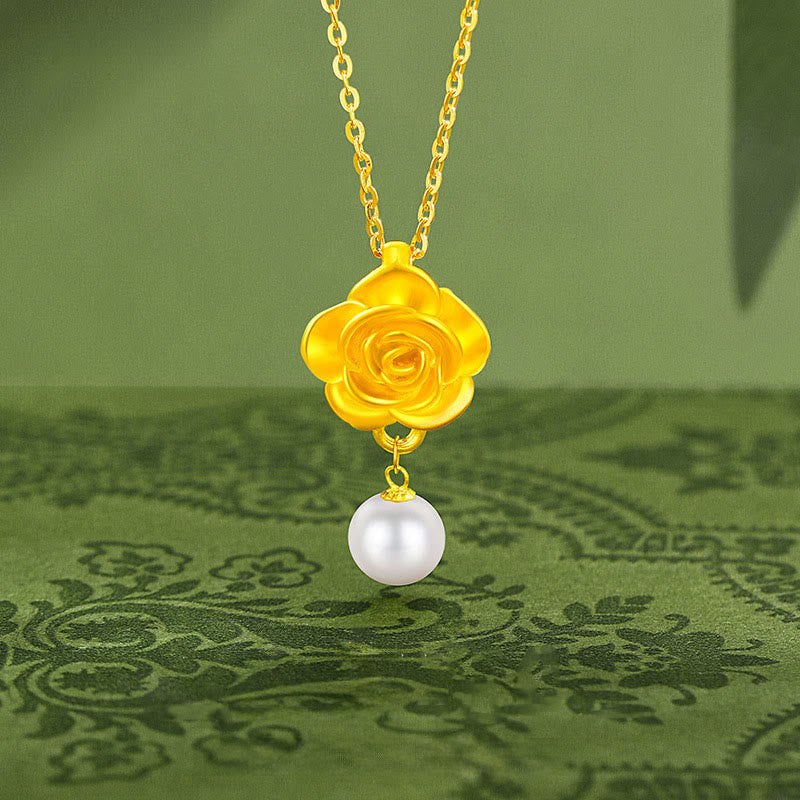 Wear FengShui 999 Sterling Silver Plated Gold Camellia Pearl Healing Necklace Pendant