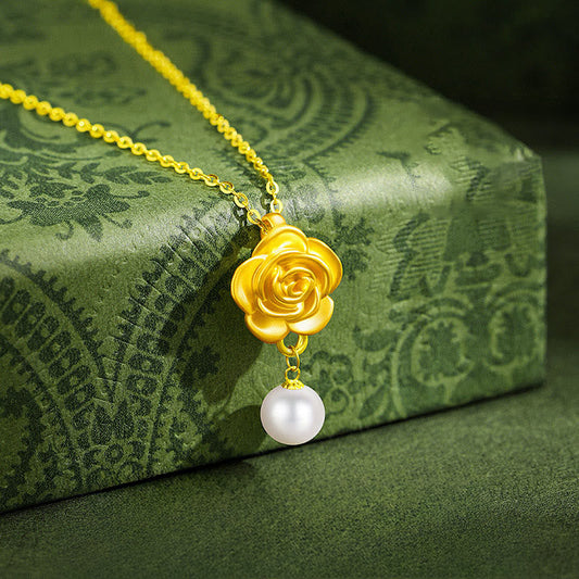Wear FengShui 999 Sterling Silver Plated Gold Camellia Pearl Healing Necklace Pendant