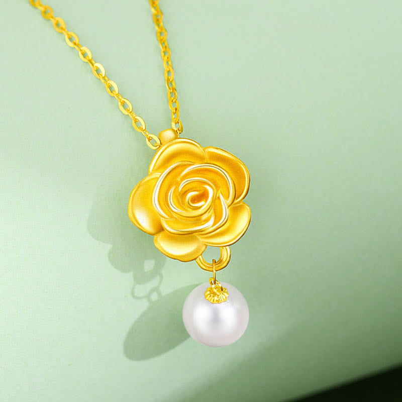Wear FengShui 999 Sterling Silver Plated Gold Camellia Pearl Healing Necklace Pendant
