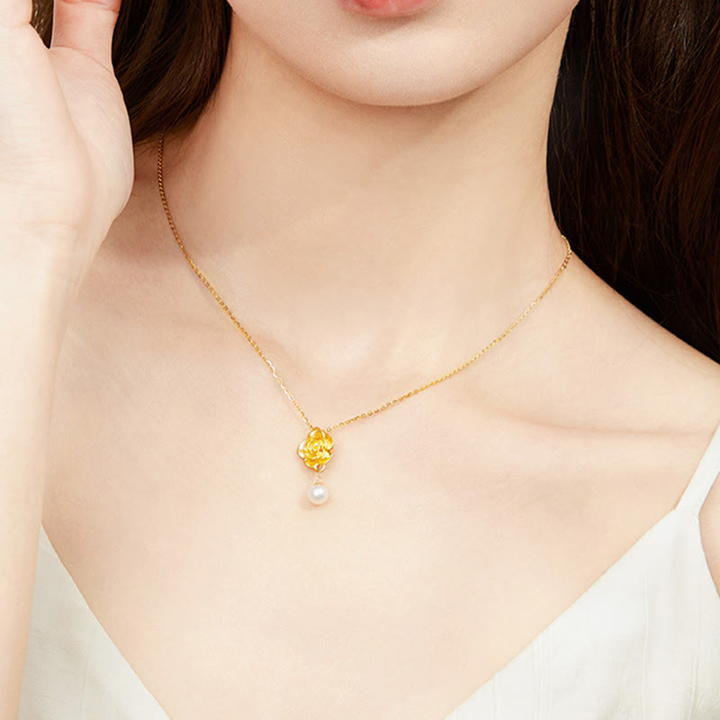 Wear FengShui 999 Sterling Silver Plated Gold Camellia Pearl Healing Necklace Pendant