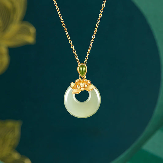 Wear FengShui 925 Sterling Silver Plated Gold Hetian Jade Lotus Luck Necklace Pendant