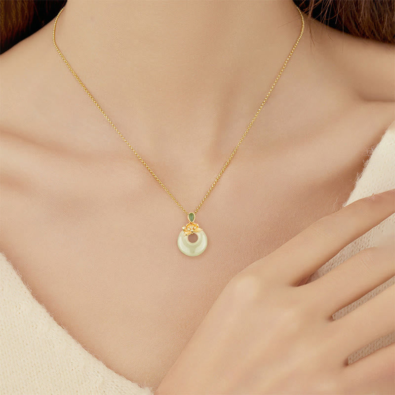 Wear FengShui 925 Sterling Silver Plated Gold Hetian Jade Lotus Luck Necklace Pendant