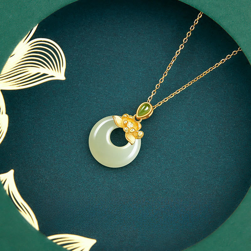 Wear FengShui 925 Sterling Silver Plated Gold Hetian Jade Lotus Luck Necklace Pendant