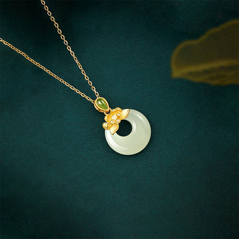 Wear FengShui 925 Sterling Silver Plated Gold Hetian Jade Lotus Luck Necklace Pendant