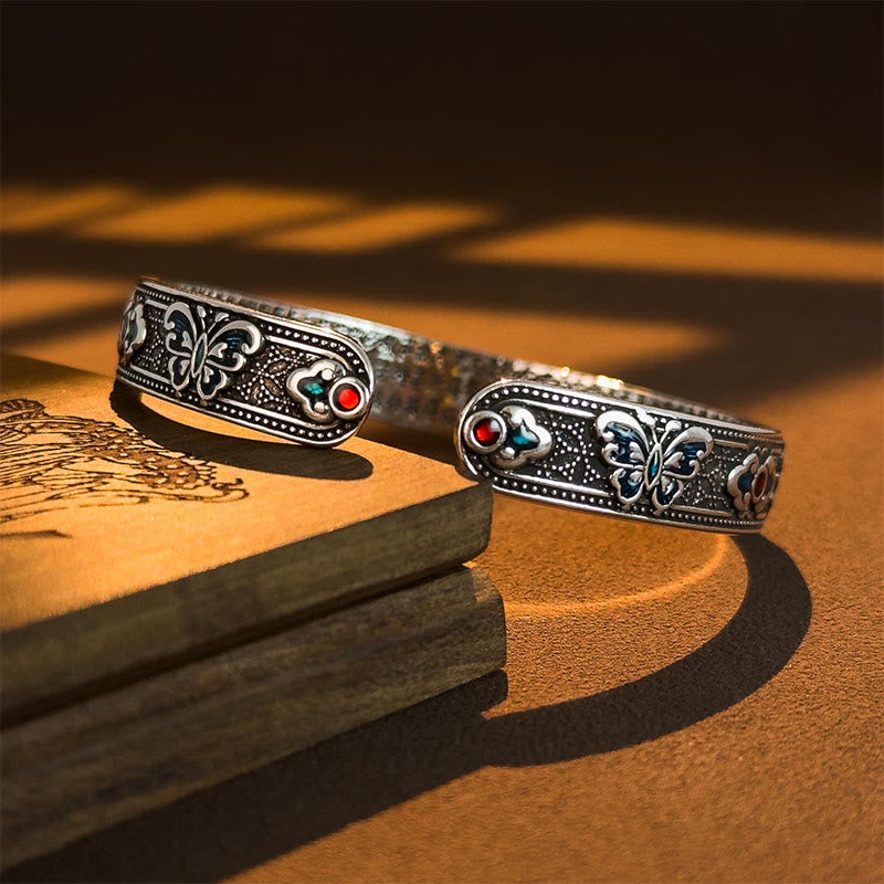Wear FengShui Heart Sutra Butterfly Copper Enamel Healing Open Adjustable Bracelet Bangle