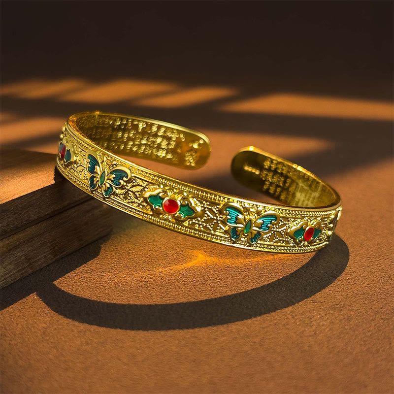 Wear FengShui Heart Sutra Butterfly Copper Enamel Healing Open Adjustable Bracelet Bangle