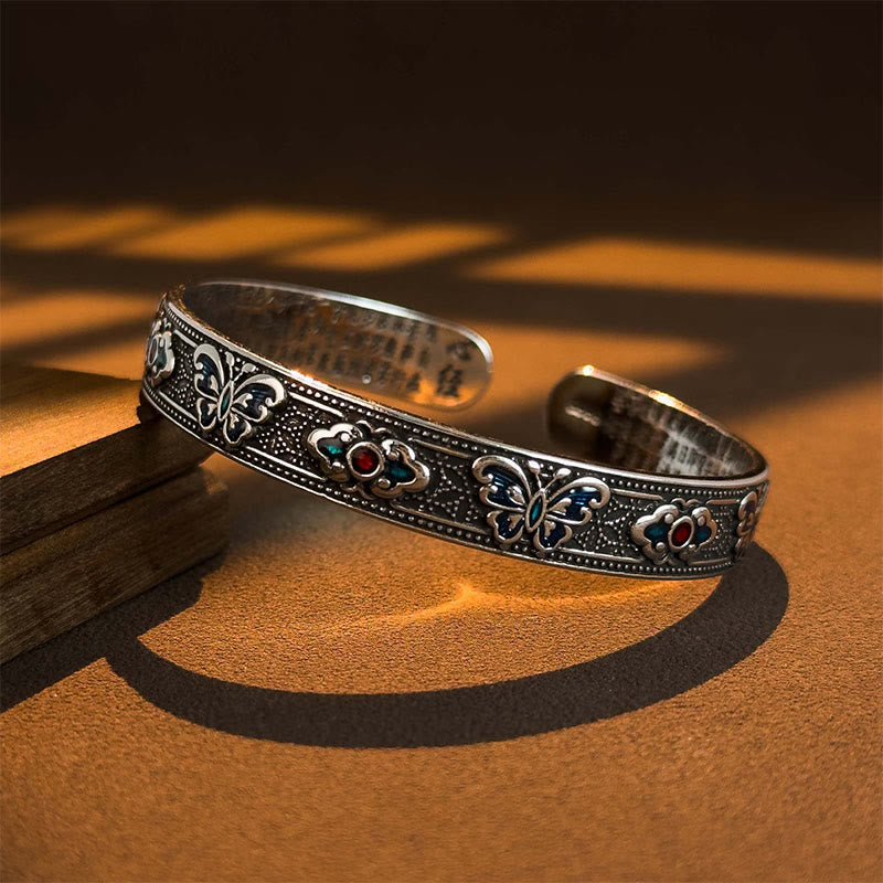 Wear FengShui Heart Sutra Butterfly Copper Enamel Healing Open Adjustable Bracelet Bangle