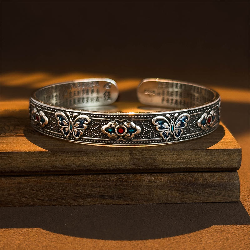 Wear FengShui Heart Sutra Butterfly Copper Enamel Healing Open Adjustable Bracelet Bangle