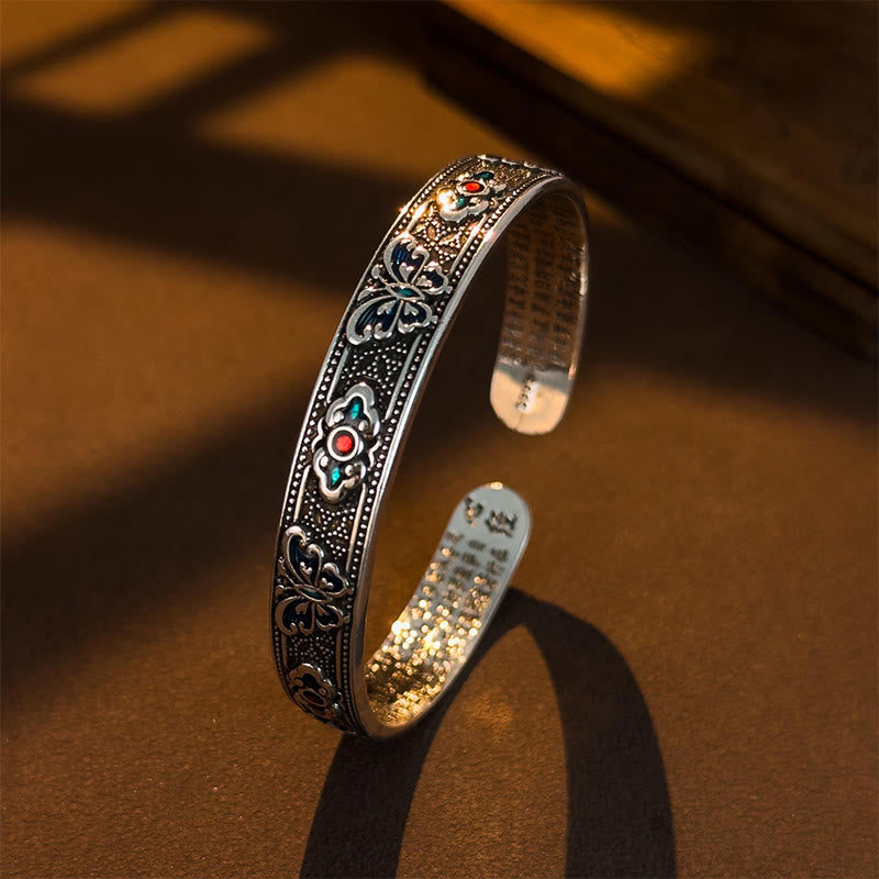 Wear FengShui Heart Sutra Butterfly Copper Enamel Healing Open Adjustable Bracelet Bangle