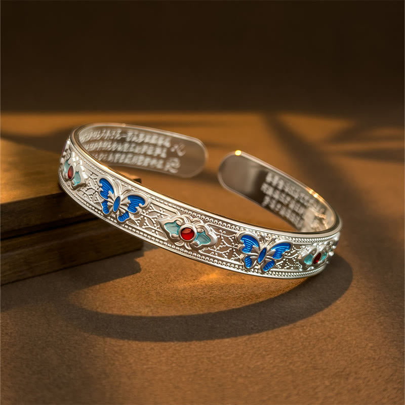Wear FengShui Heart Sutra Butterfly Copper Enamel Healing Open Adjustable Bracelet Bangle