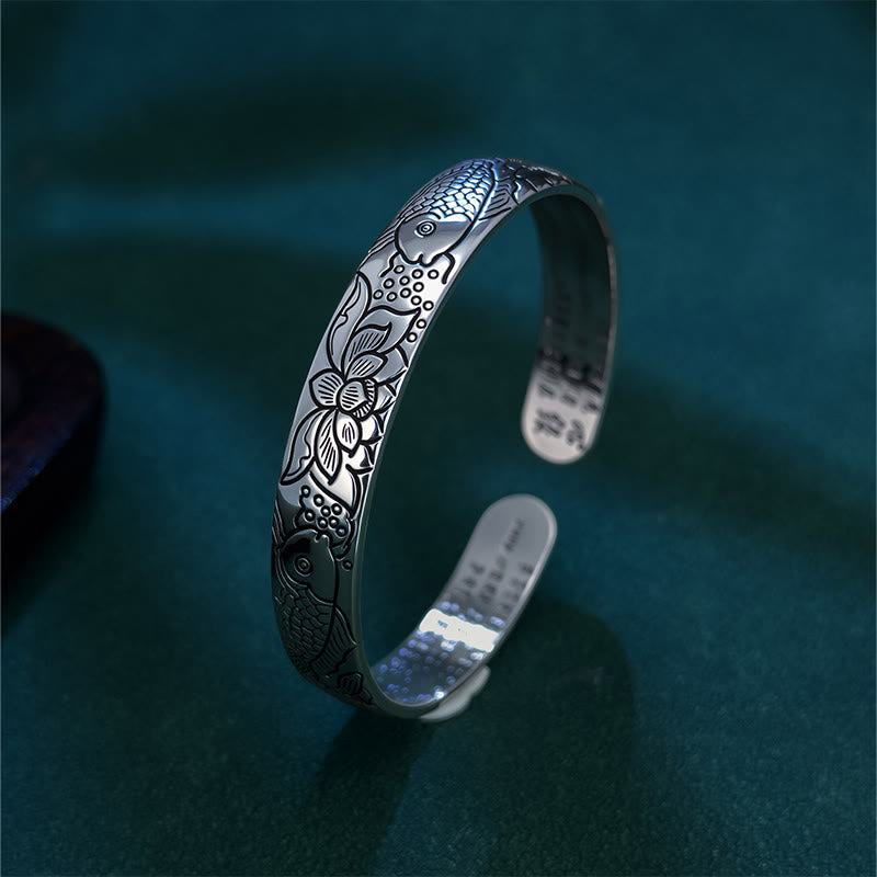 Wear FengShui Heart Sutra Koi Fish Lotus Copper Wealth Open Adjustable Bracelet Bangle