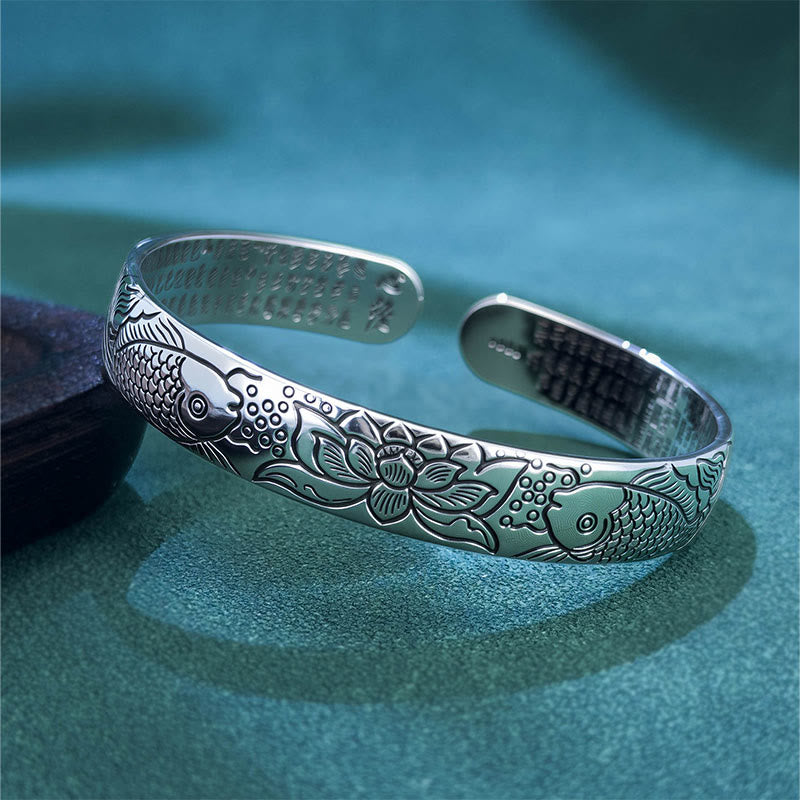 Wear FengShui Heart Sutra Koi Fish Lotus Copper Wealth Open Adjustable Bracelet Bangle