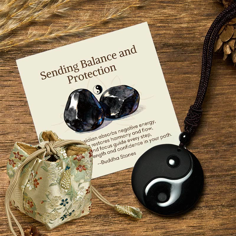 Wear FengShui "Sending Balance and Protection" Obsidian Yin Yang Necklace Includes Gift Message Card