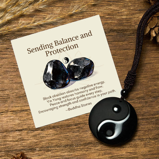 Wear FengShui "Sending Balance and Protection" Obsidian Yin Yang Necklace Includes Gift Message Card