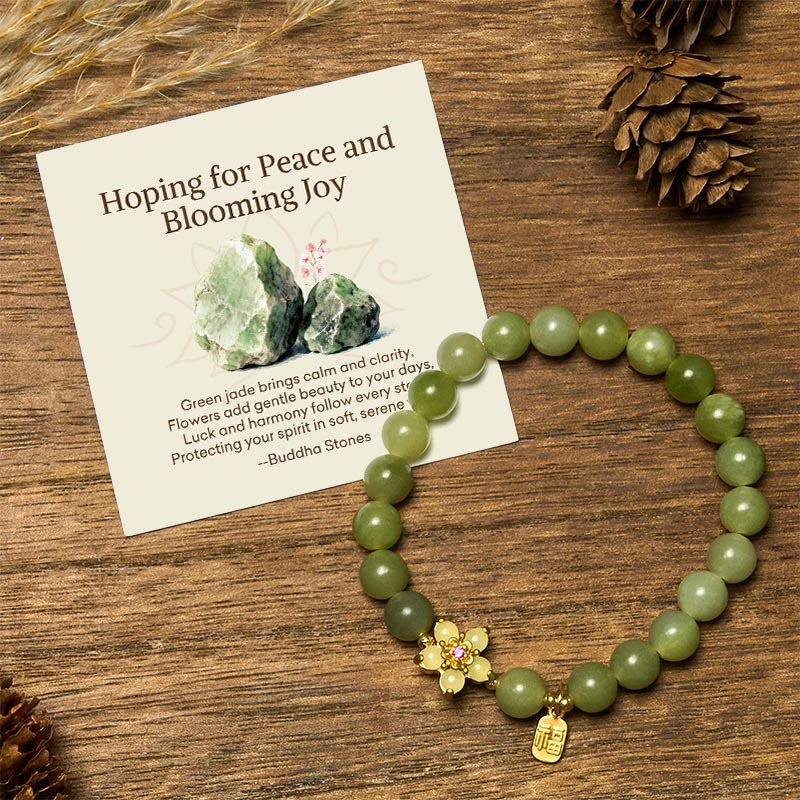 Wear FengShui "Hoping for Peace and Blooming Joy" Green Jade Bracelet Includes Gift Message Card