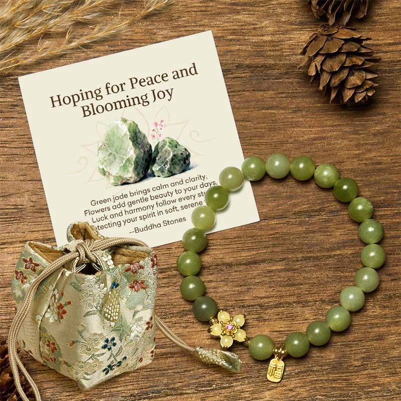 Wear FengShui "Hoping for Peace and Blooming Joy" Green Jade Bracelet Includes Gift Message Card