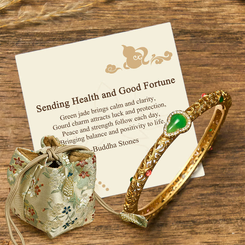 Wear FengShui "Sending Health and Good Fortune" Cyan Jade Copper Bangle Includes Gift Message Card