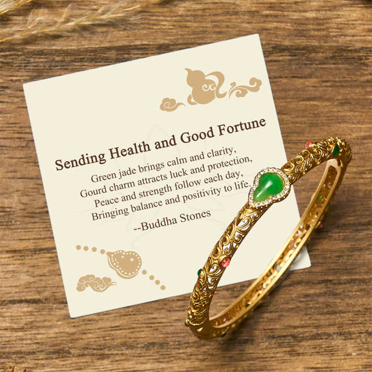 Wear FengShui "Sending Health and Good Fortune" Cyan Jade Copper Bangle Includes Gift Message Card