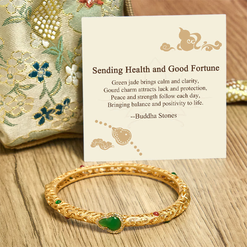 Wear FengShui "Sending Health and Good Fortune" Cyan Jade Copper Bangle Includes Gift Message Card