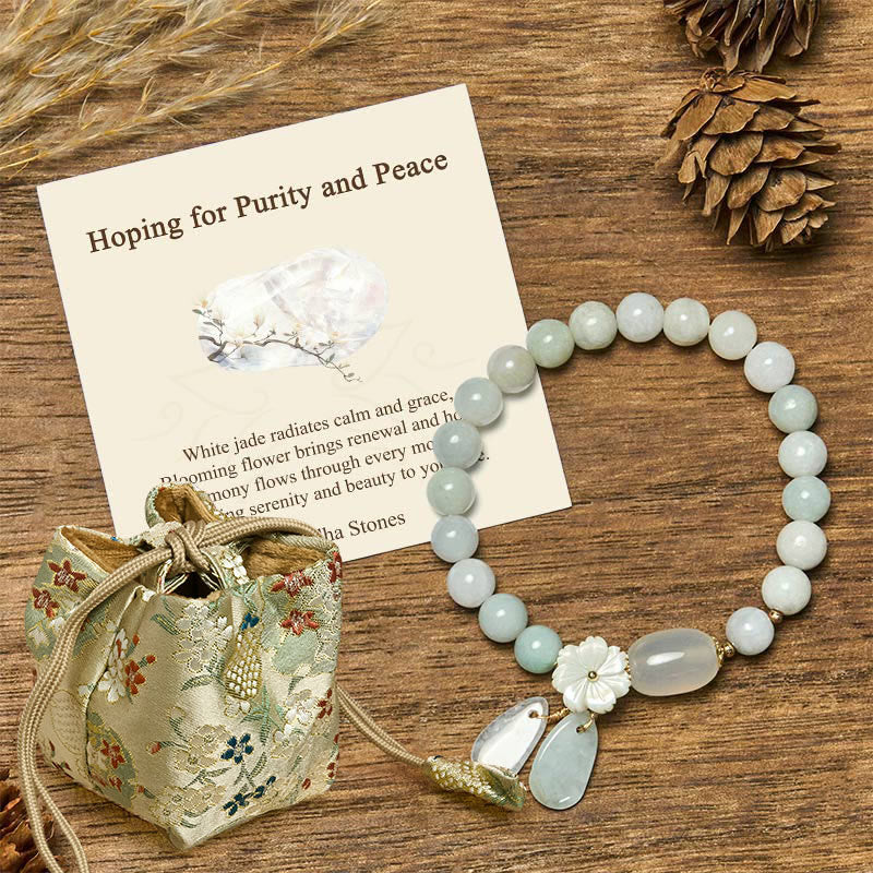 Wear FengShui "Hoping for Purity and Peace"Natural White Jade Bracelet Includes Gift Message Card