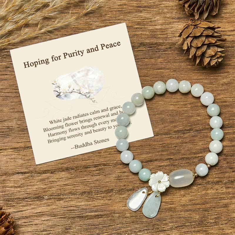 Wear FengShui "Hoping for Purity and Peace"Natural White Jade Bracelet Includes Gift Message Card