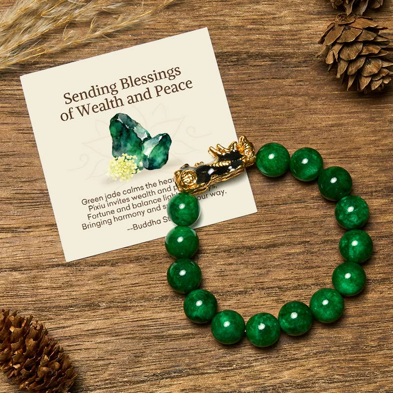 Wear FengShui "Sending Blessings of Wealth and Peace" PiXiu Jade Bracelet Includes Gift Message Card