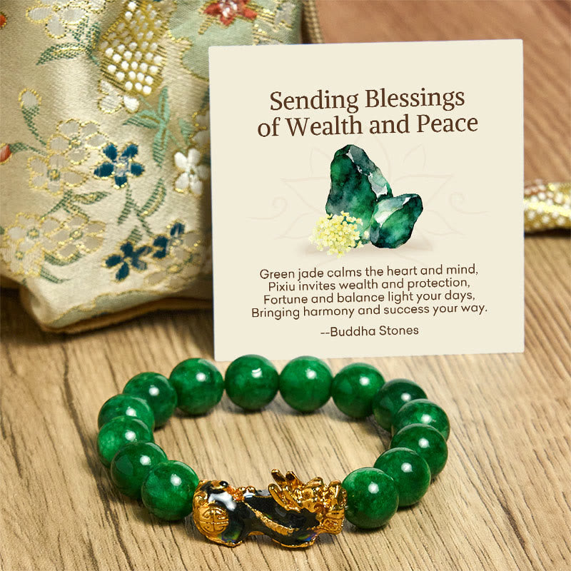 Wear FengShui "Sending Blessings of Wealth and Peace" PiXiu Jade Bracelet Includes Gift Message Card