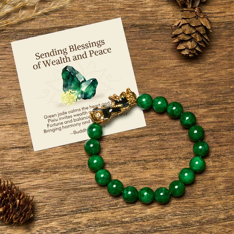 Wear FengShui "Sending Blessings of Wealth and Peace" PiXiu Jade Bracelet Includes Gift Message Card