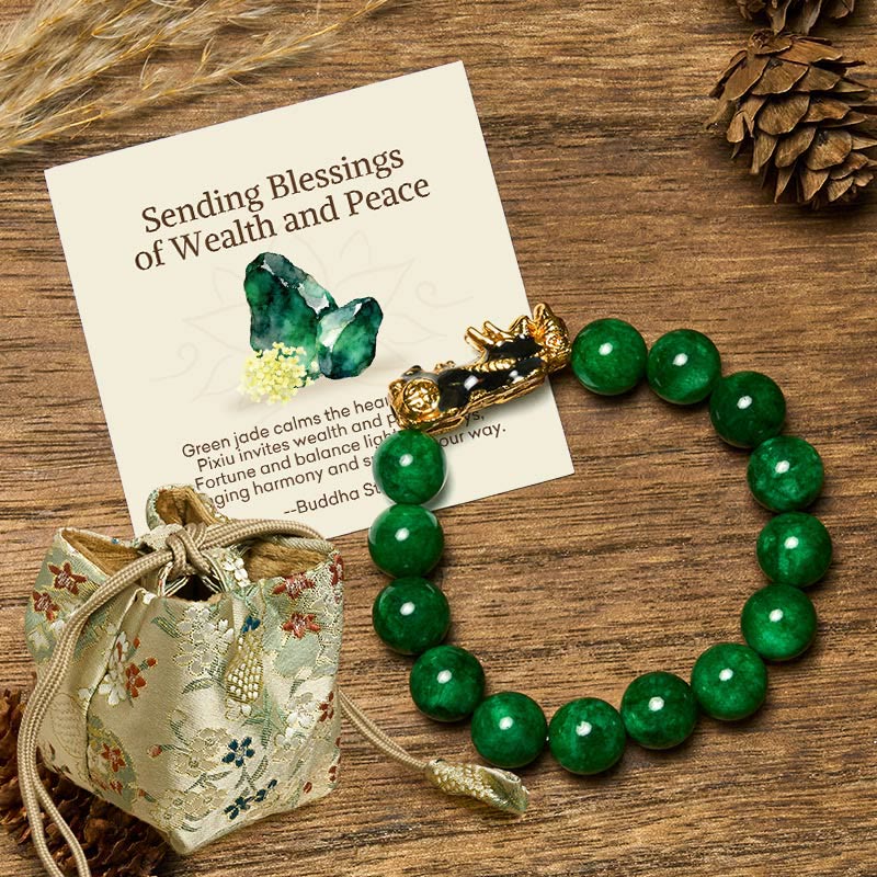 Wear FengShui "Sending Blessings of Wealth and Peace" PiXiu Jade Bracelet Includes Gift Message Card