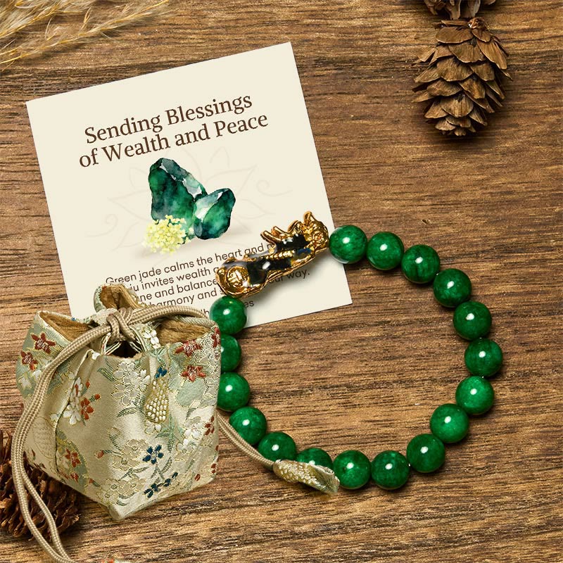 Wear FengShui "Sending Blessings of Wealth and Peace" PiXiu Jade Bracelet Includes Gift Message Card