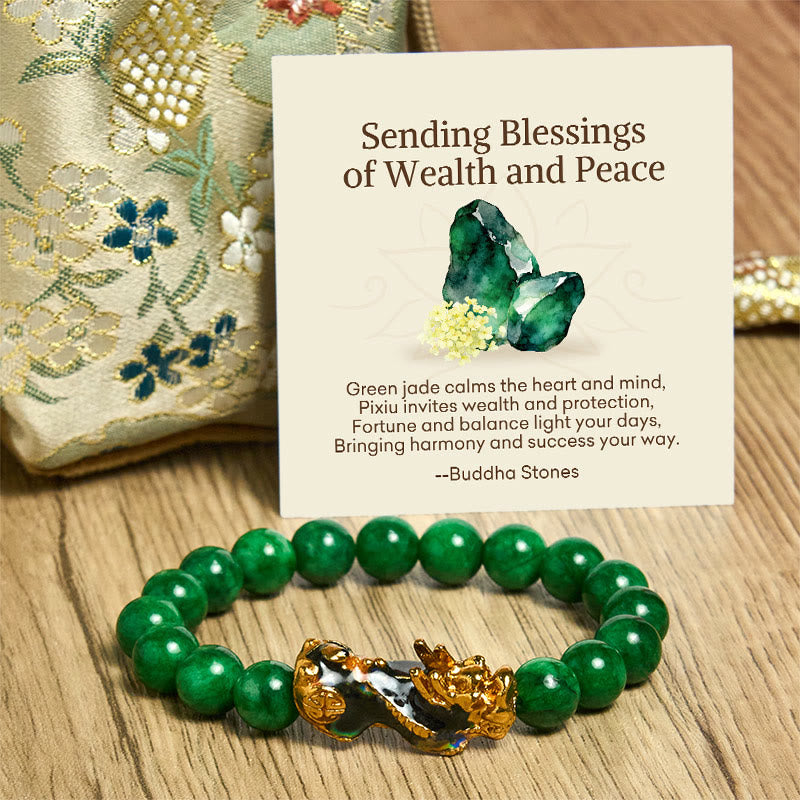 Wear FengShui "Sending Blessings of Wealth and Peace" PiXiu Jade Bracelet Includes Gift Message Card