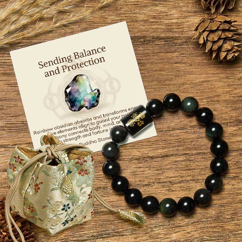 Wear FengShui "Sending Balance and Protection" Rainbow Obsidian Bracelet Includes Gift Message Card