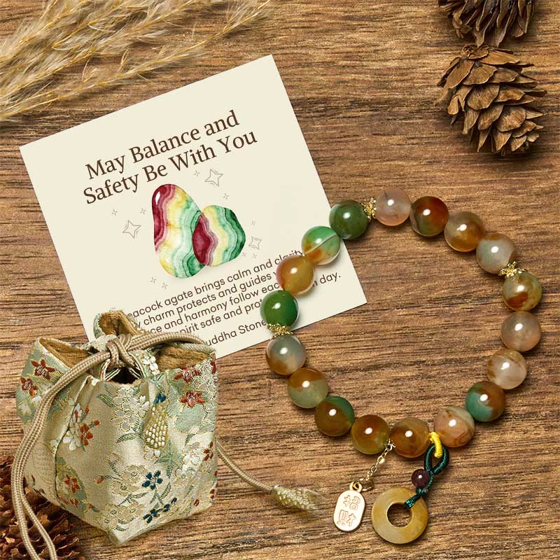Wear FengShui "May Balance and Safety Be With You"Peacock Agate Bracelet Includes Gift Message Card