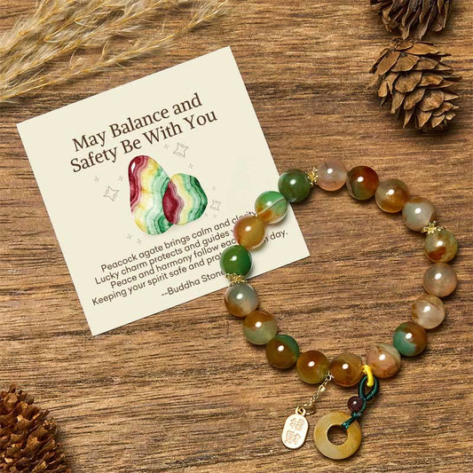 Wear FengShui "May Balance and Safety Be With You"Peacock Agate Bracelet Includes Gift Message Card