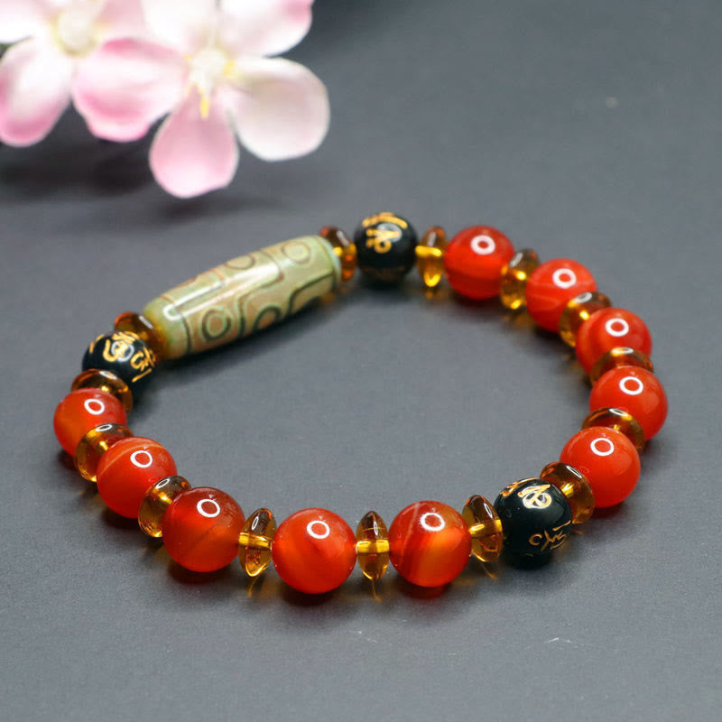 Wear FengShui Red Agate Nine-eye Dzi Bead Six True Words Calm Bracelet