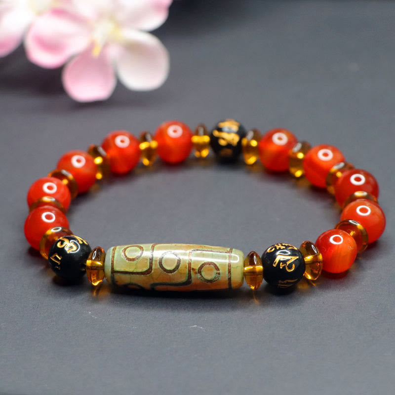 Wear FengShui Red Agate Nine-eye Dzi Bead Six True Words Calm Bracelet