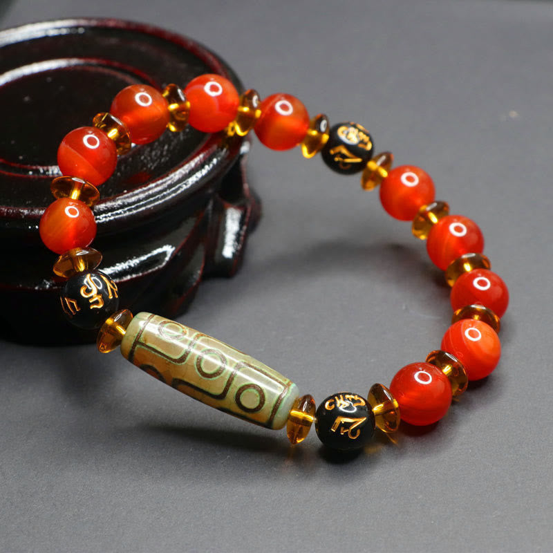 Wear FengShui Red Agate Nine-eye Dzi Bead Six True Words Calm Bracelet