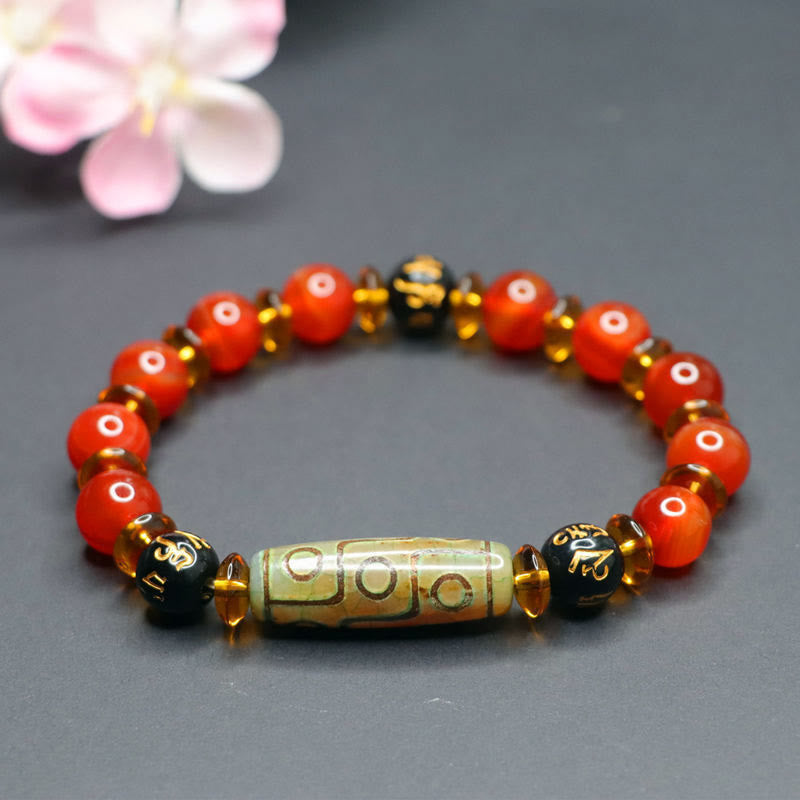 Wear FengShui Red Agate Nine-eye Dzi Bead Six True Words Calm Bracelet