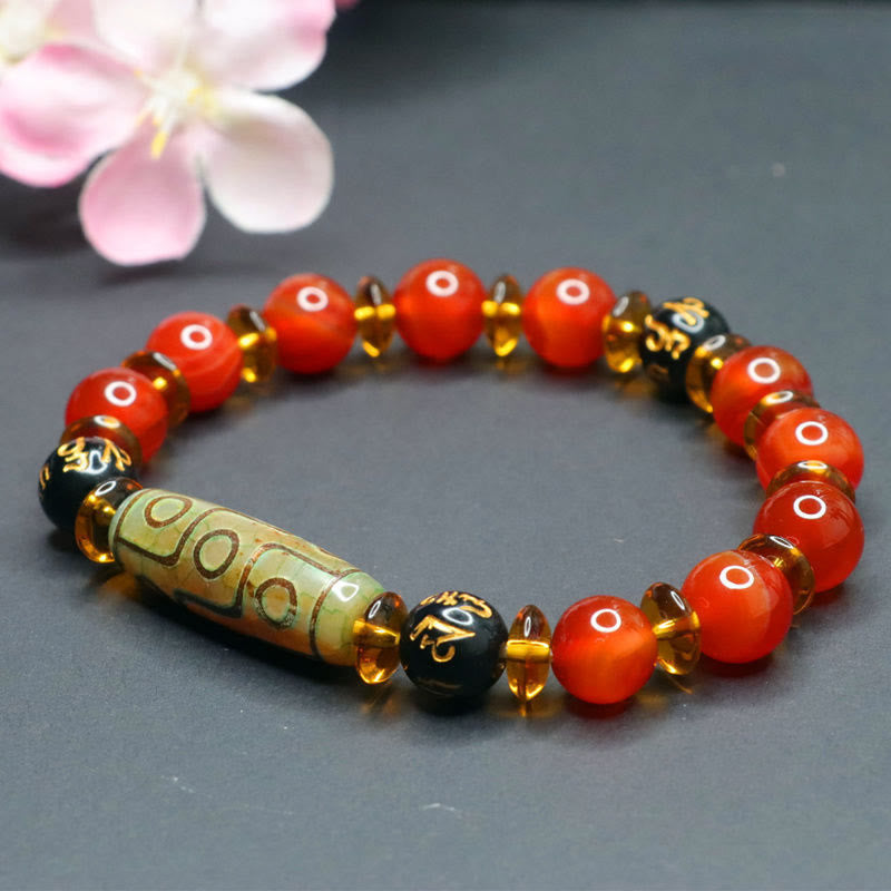 Wear FengShui Red Agate Nine-eye Dzi Bead Six True Words Calm Bracelet